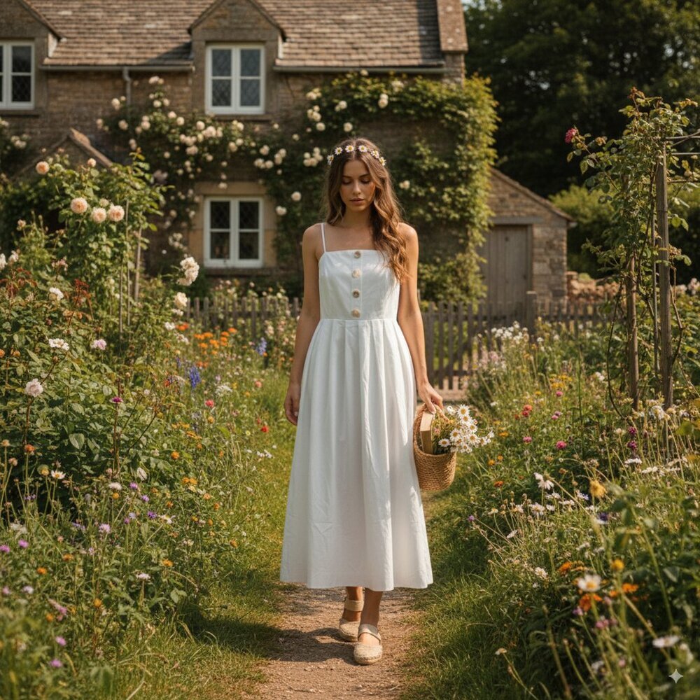 NWT En Saison Cottagecore White Cotton Midi Dress Size Small